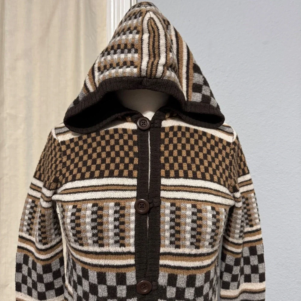 Vans Rare Retro Hooded Cardigan Sweater Brown Checkerboard Geometric Knit Size M